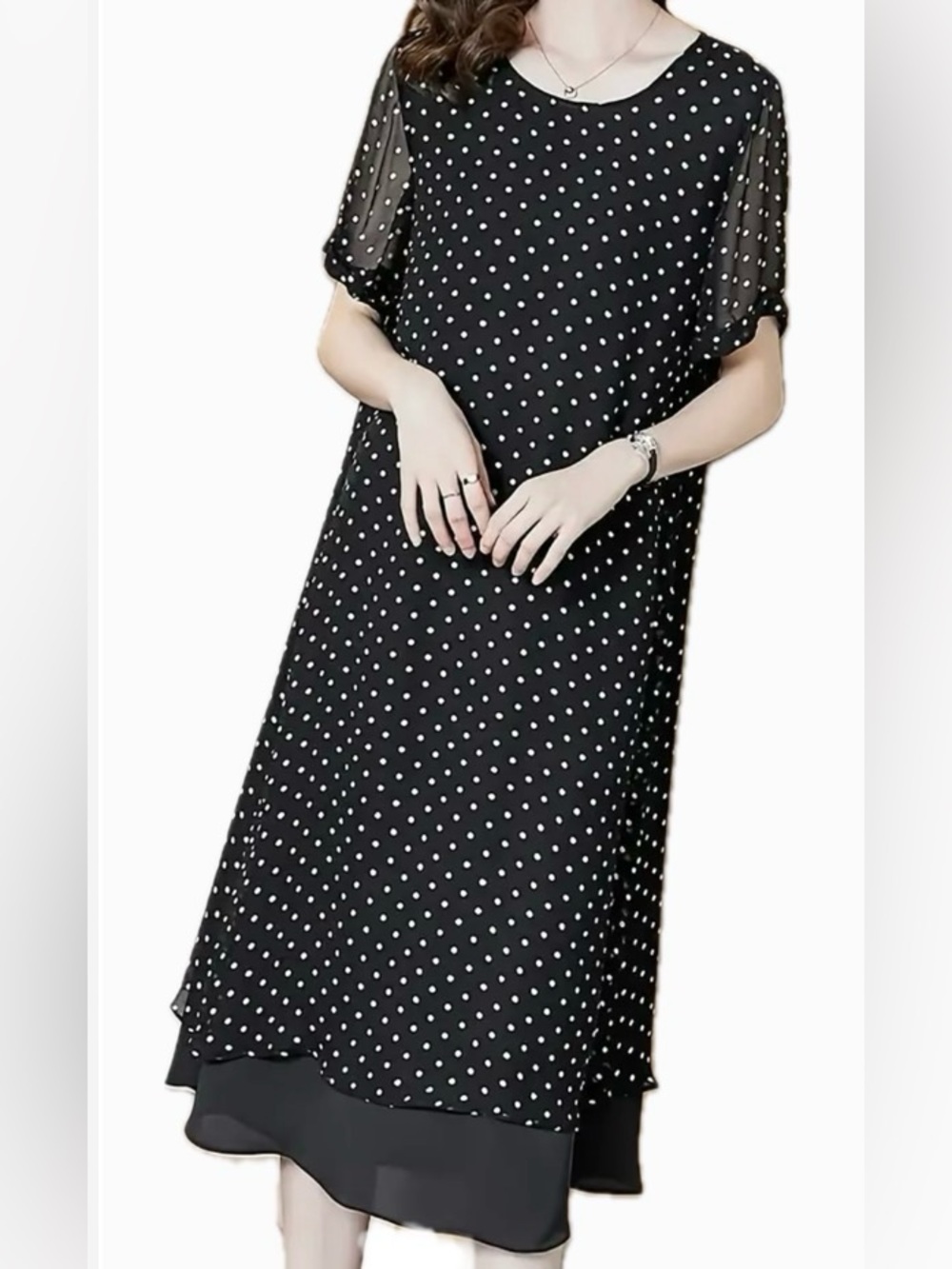 French Loose Style. Black and White Polka Dot Shift Dress